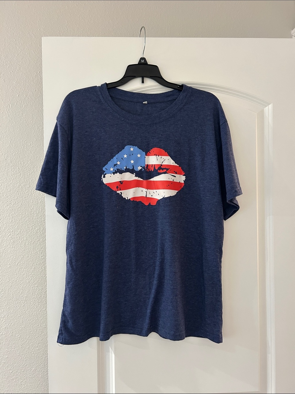 Navy Short Sleeve Tee with American Flag Lip Graphic